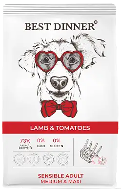 Best Dinner сухой корм для взрослых собак средних и крупных пород склонных к аллергии и проблемам с пищеварением с ягненком и томатами